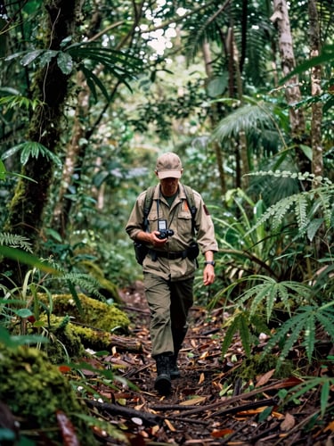 A local forest guardian walking through a dense jungle trail, holding a GPS device, natural humid light, documentary medium format photography.