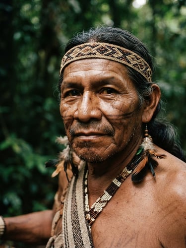 Close-up portrait of an Amazonian community leader, warm natural river light, proud expression, deep green forest background, documentary style, medium format film.