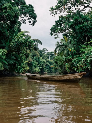 A wooden boat navigating a narrow Amazonian river channel, lush green canopy reflecting on the water, humid overcast daylight, documentary photography.