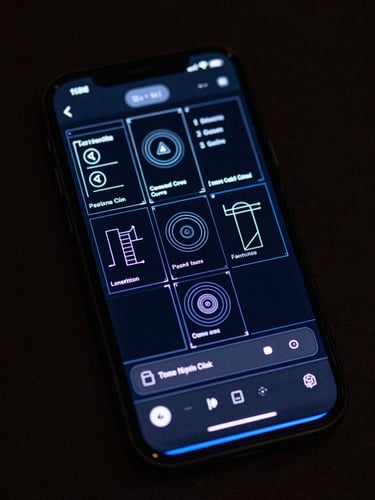 Macro top-down view of a modern mobile device displaying an interactive UI wireframe, crisp electric blue backlighting, dark-mode screen glow, high-contrast studio setup.