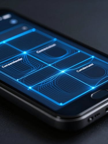 Macro close-up of a high-fidelity mobile UI wireframe on a device screen, glowing electric blue vector lines, dark obsidian background, cool studio lighting.