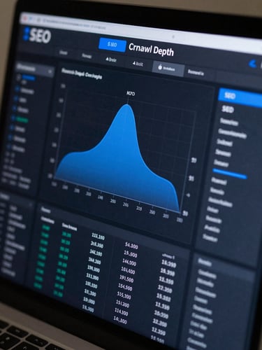Macro close-up of a dark-mode technical SEO dashboard showing crawl depth architecture, clean blue vector schematics, and sharp white data visualizations, high-contrast studio lighting.