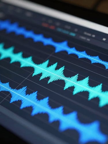 A close-up macro shot of a clean, high-contrast video editing interface showing audio waveforms in electric blue and cyan, cool studio lighting