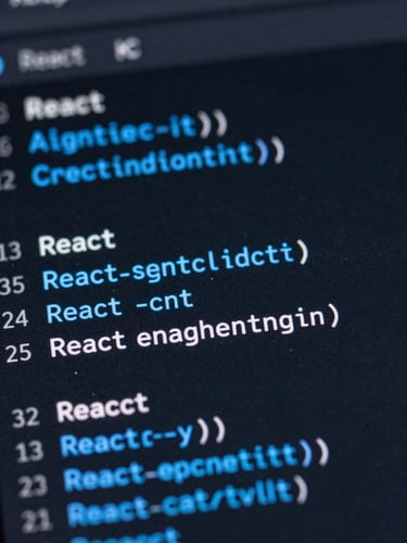 Macro close-up of a dark-mode IDE showing clean React code, electric blue syntax highlighting, soft screen glow, shallow depth of field.
