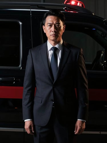 Low-profile executive protection professional in a sharp dark suit standing near a secure vehicle, dramatic chiaroscuro lighting, deep black tones.
