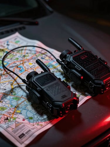 Cinematic high-contrast close-up of tactical communication gear and a rugged map on a vehicle hood, dramatic low-key lighting, red ambient glow.