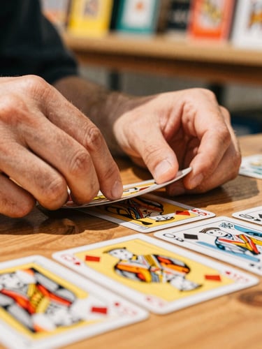 Close-up of hands carefully shuffling trading cards on a wooden tabletop, bright natural daylight, warm vintage tones
