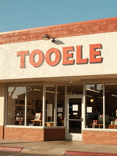 Wide environmental shot of the bright welcoming Tooele storefront with a bold hand-painted sign under warm afternoon sun
