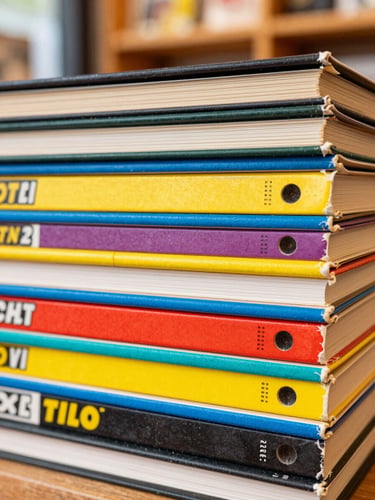 Macro eye-level shot of stacked vintage comic book spines, warm shop lighting, vibrant saturated colors, 35mm lens