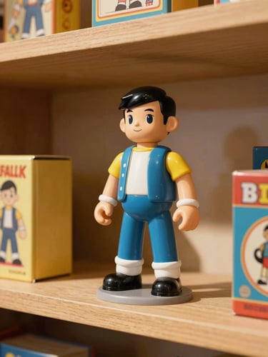Vibrant editorial photography of a vintage action figure on a wooden shelf, warm interior shop glow, 35mm lens