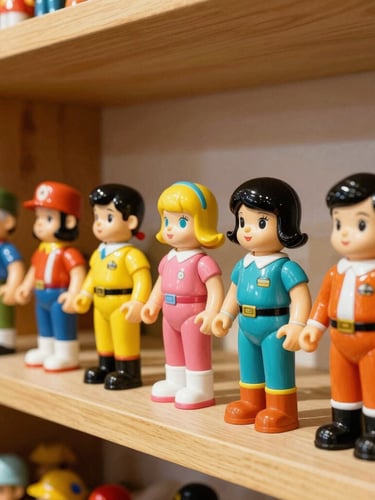 Vibrant editorial photography of vintage 1980s action figures lined up on a wooden shelf, warm interior shop glow, nostalgic saturated colors, 35mm lens