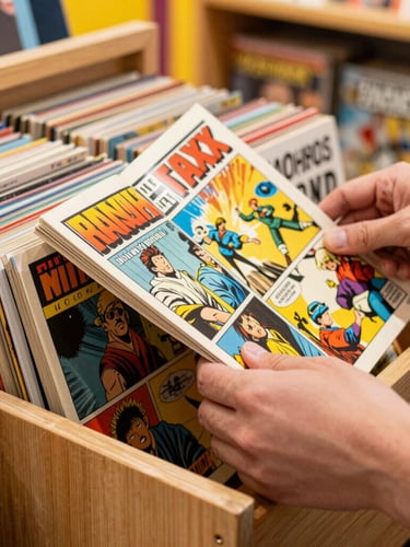 Close-up of hands carefully flipping through comic books inside a wooden longbox, warm lighting, vibrant editorial style