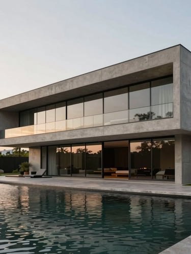 Wide architectural shot of a modern minimalist concrete and glass villa in São Paulo, flooded with soft evening daylight, clean lines, negative space on the left, high-end editorial feel.