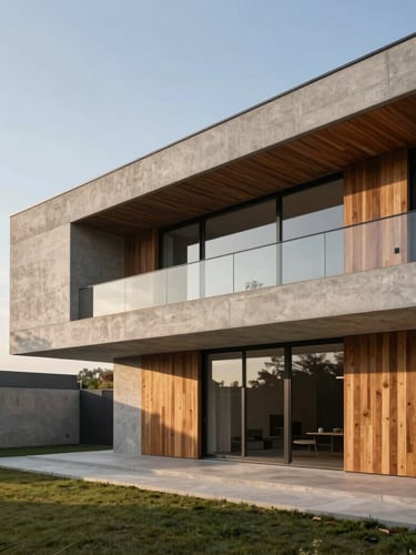 Minimalist modern villa with clean concrete lines and warm wood accents, bathed in soft afternoon sun, wide angle architectural photography