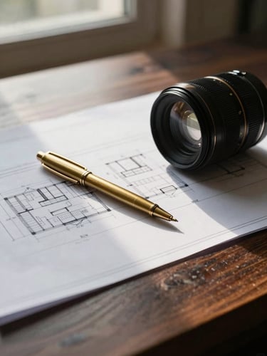 Close-up of a dark wooden table with architectural plans and a brass pen, soft morning light filtering through a window, editorial style