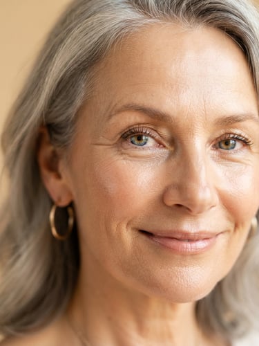 Macro close-up of an elegant woman with healthy aging skin, smiling softly in bright morning window light, warm beige background, clean clinical editorial style