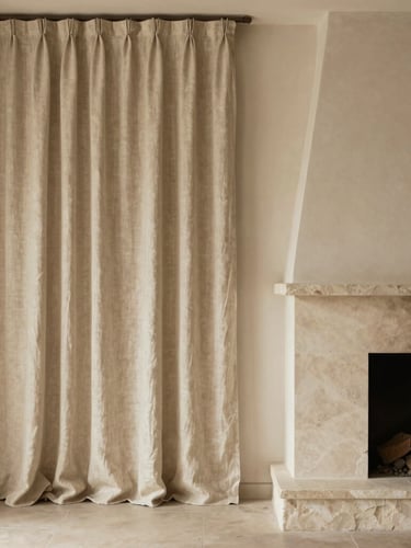 Warm architectural photography of a minimalist residential interior, focusing on a raw linen curtain and a local stone fireplace, soft natural daylight, muted earth tones, high-end editorial, 35mm lens