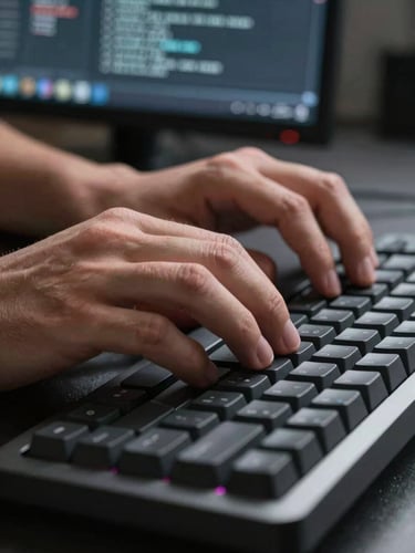 Extreme close-up of hands on a mechanical keyboard, a terminal window visible on a monitor in the background displaying model output text, cool even studio light, crisp focus on fingers mid-keystroke, dark desk surface