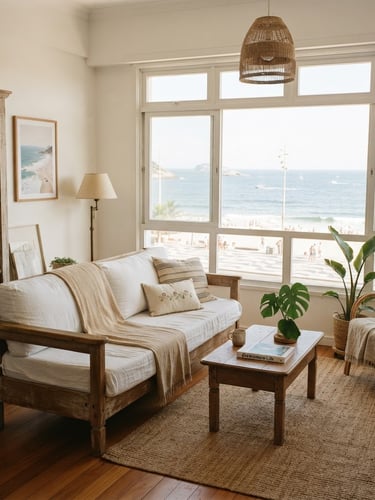 Bright editorial interior of a sunlit Copacabana apartment, warm natural daylight streaming through large windows, wooden furniture, crisp white linens, 35mm film.