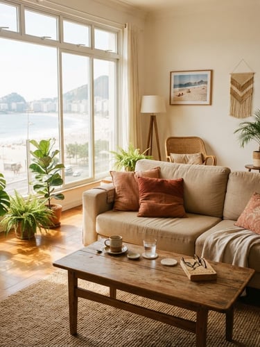 Bright sunlit apartment interior in Copacabana, natural light streaming through large windows onto clean wooden floors, terracotta cushions on a sandy beige sofa, fresh local coffee on the table, 35mm film style.