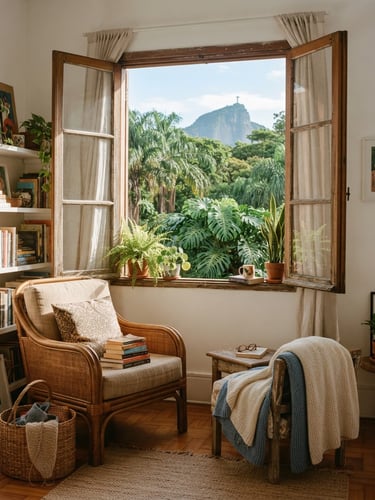 Bright sunlit apartment interior in Rio de Janeiro, a cozy reading nook near a window looking out to lush trees, warm daylight, 35mm film
