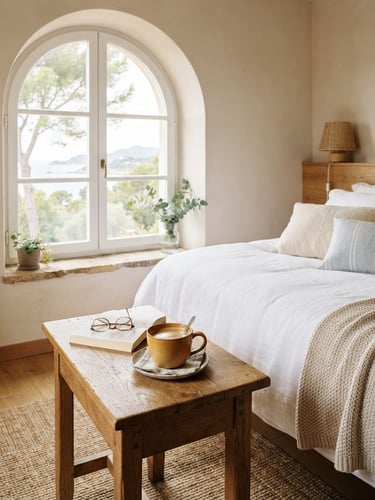 Bright editorial interior photography, natural daylight streaming through an arch window, clean white linens, a warm cup of coffee on a wooden table, 35mm film.