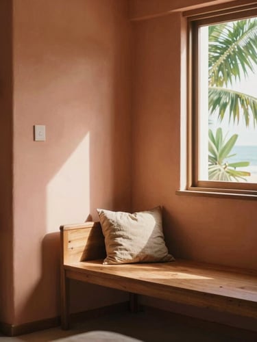 Sunlit cozy reading nook in a Brazilian apartment, warm terracotta tones, wooden furniture, green leaves visible through the window, soft editorial photography.
