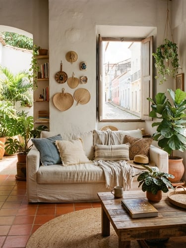 Bright editorial interior photography of a sunlit living room in Salvador, warm natural daylight, soft coastal tones, terracotta tiles, cozy linen sofa, 35mm film.