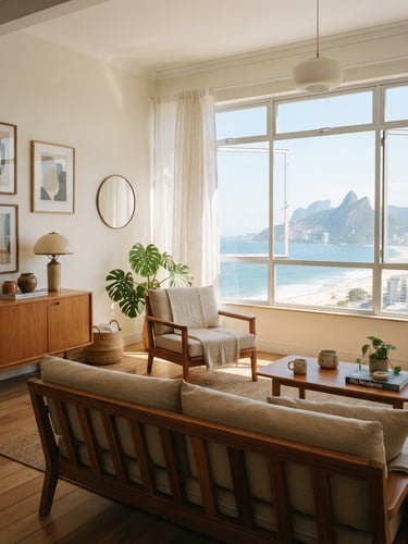 bright editorial interior photography of a sunlit living room in Rio, warm natural daylight, ocean breeze visible through open windows, modern wood furniture, 35mm film