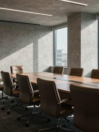 Wide-angle architectural detail of a modern corporate boardroom with empty leather chairs, concrete walls, and sharp geometric shadows cast by cool natural daylight filtering through large windows.