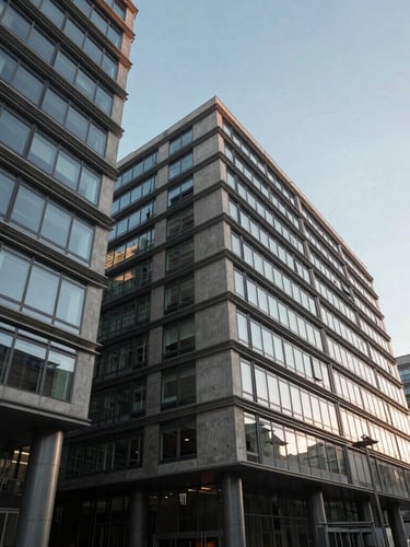 Wide-angle architectural shot of a modern corporate building exterior, concrete and glass facades, sharp geometric lines, cool natural morning daylight.
