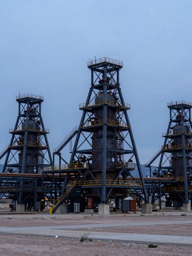 Wide environmental shot of Cedar City landscape with industrial steel structures, cold blue hour lighting.
