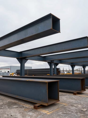 Wide environmental shot of Southern Utah industrial steel fabrication yard under overcast cold daylight, structural steel beams, wide-angle lens