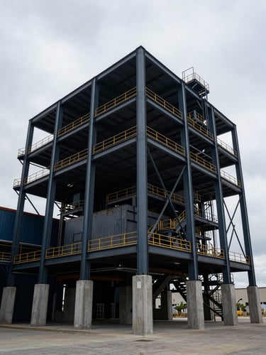 Wide-angle architectural shot of a modern industrial facility in Cedar City, cold overcast daylight, heavy steel frames and raw concrete textures, high-contrast shadows.