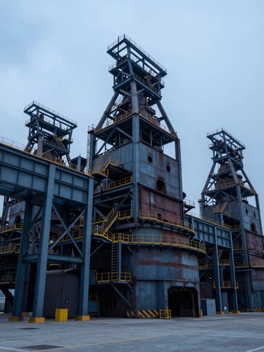 Wide-angle architectural photograph of a modern industrial steel forge facility, overcast daylight, cold blue hour tones, structural steel frame.
