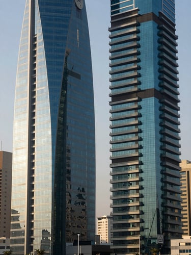 Sharp architectural close-up of King Abdullah Financial District towers in Riyadh under bright morning light, emphasizing structured steel and glass facades.