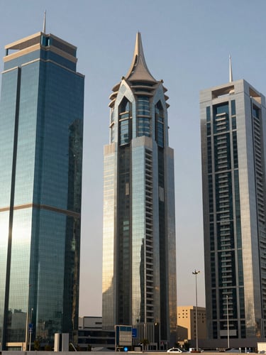 Sharp, high-contrast architectural shot of Riyadh's King Abdullah Financial District (KAFD) in bright morning light, showing structured glass and polished steel facades against a crisp sky.