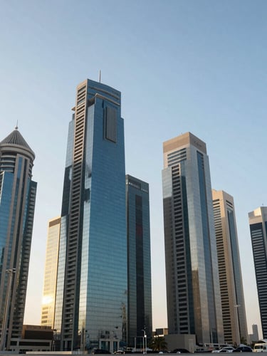 Wide-angle architectural shot of Riyadh's King Abdullah Financial District (KAFD) in sharp, high-contrast morning light, soaring glass and steel skyscrapers against a clear pale blue sky, clean lines, spacious composition.