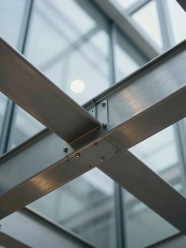 Macro detail of brushed steel beams intersecting with polished structural glass, cool-toned architectural lighting, sharp focus on premium materials.
