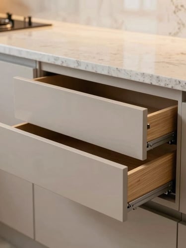 Architectural interior photography showing a close-up of a premium modular kitchen setup, perfect drawer alignment, warm ambient light reflecting off a polished quartz countertop, high-end editorial