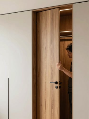 Vertical portrait architectural shot of a sleek modular wardrobe installation, a craftsman checking the alignment of a teak wood door, soft natural light