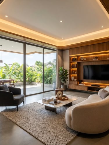 Architectural interior of a modern Hyderabad living room with warm ambient integrated LED ceiling lights and crisp teak wood joinery, wide-angle 24mm lens