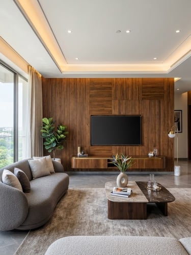 Architectural interior photography of a modern Hyderabad living room, showing a custom teak wood wall paneling meeting a pristine false ceiling with warm integrated LED lighting, bright natural daylight, high-end editorial, 24mm lens.