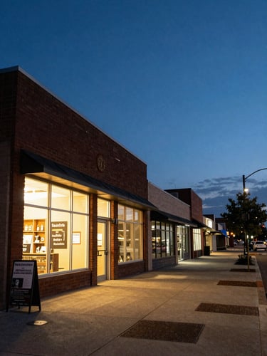 Wide-angle view down a Sudbury commercial street at dusk, warm shopfront lights glowing against deep blue sky, a small business sign visible to the left third, quiet sidewalk, natural ambient light