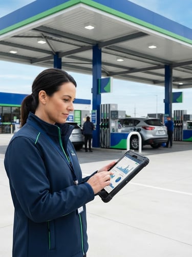 Modern, clean gas station forecourt in bright daylight, with a professional operator reviewing data on a tablet in the foreground, crisp corporate blue and green tones, sharp focus, editorial B2B style.