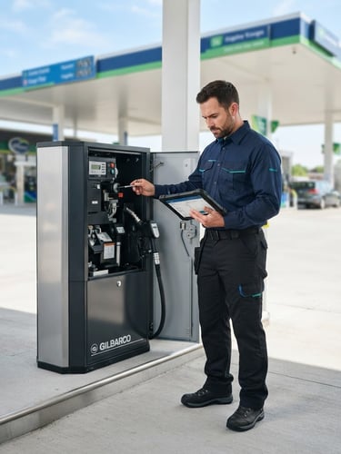 Profissional técnico em uniforme limpo, inspecionando um equipamento de posto de combustível com um tablet, luz do dia brilhante, foco nítido, em um posto de gasolina moderno.