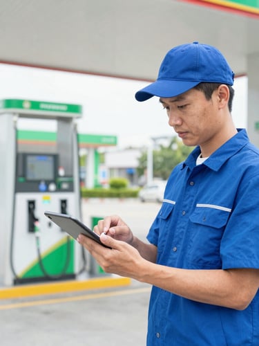 Professional gas station attendant in clean uniform, reviewing a tablet with a digital checklist, bright daylight, modern gas station forecourt in background, crisp corporate blue and green tones, sharp focus, editorial B2B style