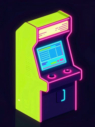Vibrant vector illustration of a retro arcade cabinet glowing with cyber-lime and hot pink neon light, dark synthwave backlighting, isometric framing, 80s arcade style