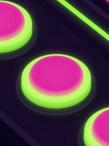 Extreme close-up of glowing mechanical arcade buttons, hot pink and cyber-lime neon lighting, dark high-contrast cyber-aesthetic, clean isometric shapes