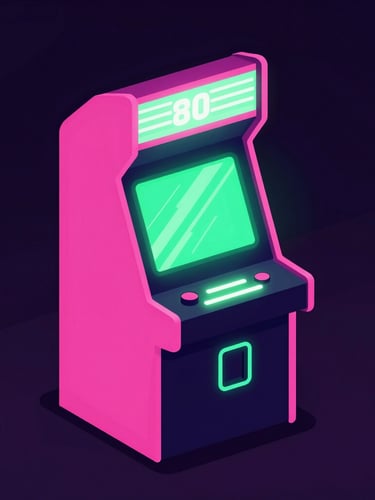 Vibrant vector illustration of a glowing retro arcade cabinet in a dark room with neon synthwave pink and green lighting